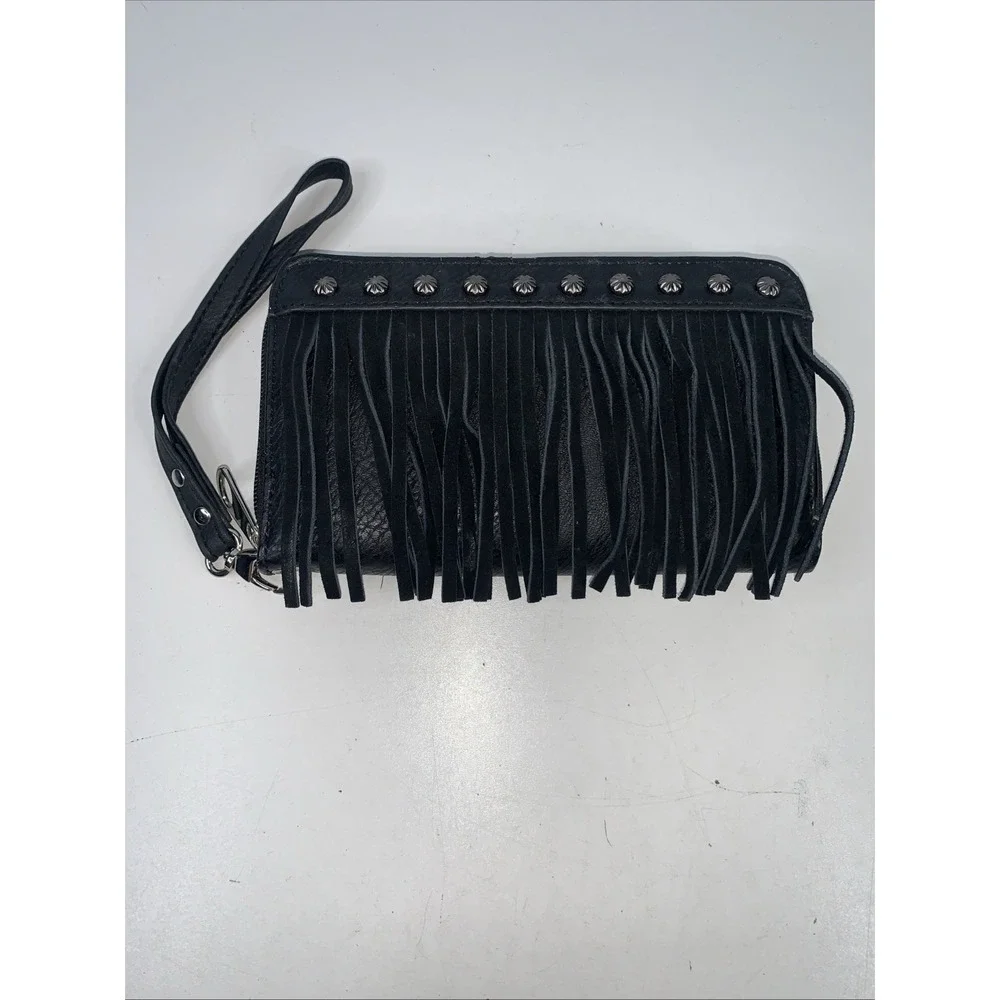 Unmarked Black Fringe Clutch Zip‎ Close Wrist Strap